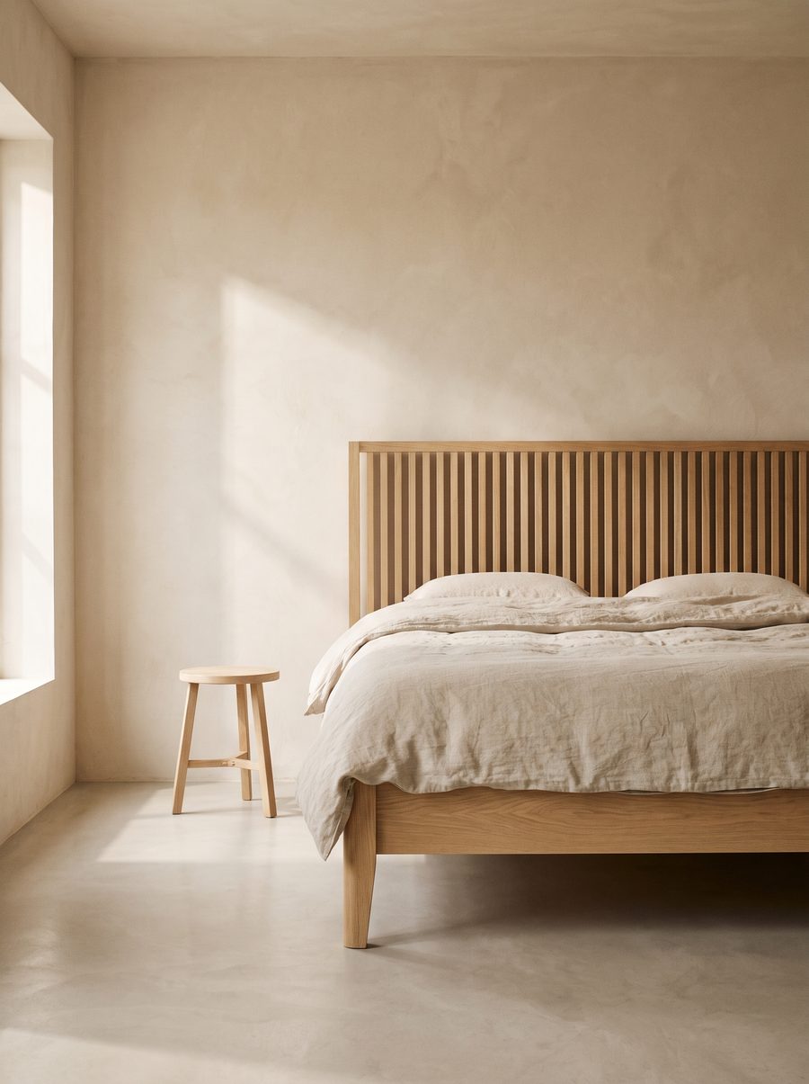 An oak bed with a slatted headboard and linen bedding