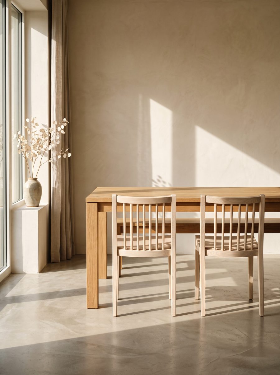 Ash dining chairs at a solid oak table