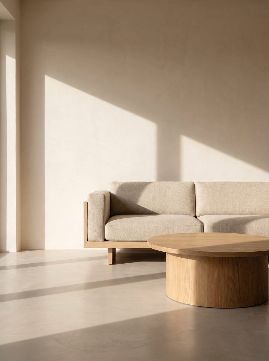 A wool sofa and oak coffee table in a sunlit living room