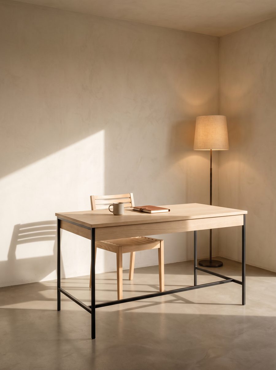 An oak desk with steel legs and a linen floor lamp