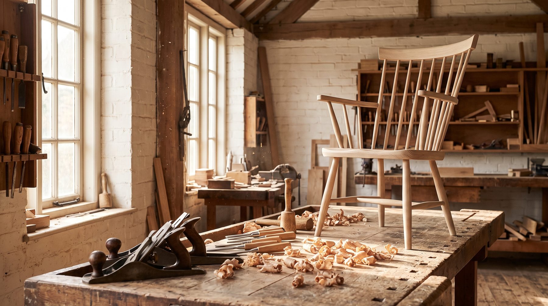 Hand planes, chisels and oak shavings on a workshop bench